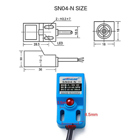 Diagram and photo of Inductive Proximity Sensor SN04-N NPN NO Switch With SN Bracket 4mm Sensing Range 5-30V DC 3-Wire Output.