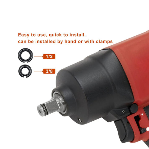 Close-up of electric wrench showing Five Plus Five Sets Three Eighths And One Half Inch Impact Wrench Retainer Rings with sizes labeled.