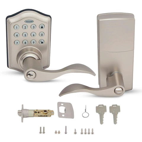 Keyless Entry Lever Door Lock With Electronic Keypad One Touch Locking For Front Door Satin Nickel Finish Easy Install 50 Pin Codes Alarm After Four Wrong Attempts Durable Home Security Solution