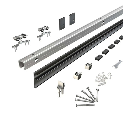 Components of 8 ft barn door sliding hardware track kit built tough with aluminum alloy box rail for modern classic interiors, black finish.