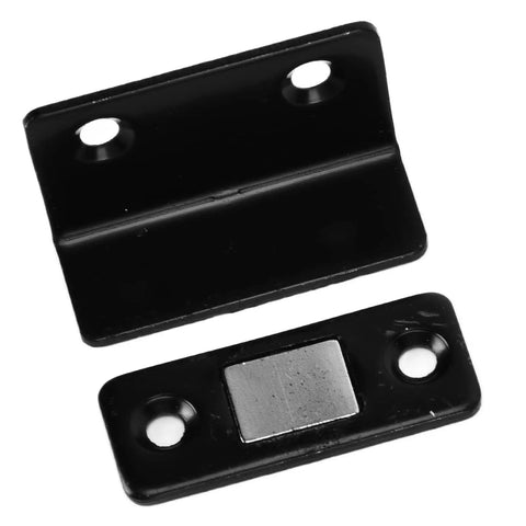 Heavy Duty Magnetic Cabinet Catch 8 Pack L Shaped Black Brackets With Strong Adhesive For Kitchen Doors Drawers And Cupboards No More Slamming, two black steel components.