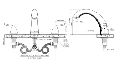 Technical drawing of Treviso Widespread Roman Tub Faucet In Brushed Satin Nickel with dimensions and installation details