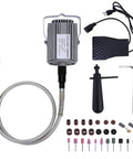 Beast 800W Flex Shaft Rotary Tool With Foot Pedal Control And Flexible Shaft For Metalworking, Carving, Buffing, And Grinding, Hanging Grinder Kit, 23000 RPM, High Power Multi Function showing components and accessories