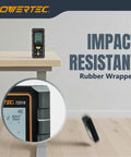 Straight Shooter Laser Measure 165 Ft Range Digital Distance Meter with Smart Angle Sensor on a table, showing impact resistance.