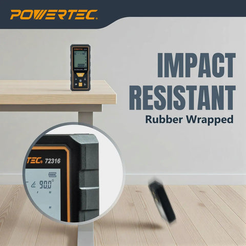 Straight Shooter Laser Measure 165 Ft Range Digital Distance Meter with Smart Angle Sensor on a table, showing impact resistance.