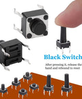 Close-up of 180-Piece Tactile Push Button Switch Kit With 10 Value Sizes 6x6mm To 7x7mm 4-Pin Micro Momentary Tact Switch Set.