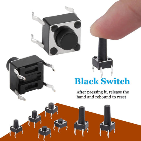 Close-up of 180-Piece Tactile Push Button Switch Kit With 10 Value Sizes 6x6mm To 7x7mm 4-Pin Micro Momentary Tact Switch Set.