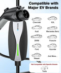 Portable Level 1 And Level 2 EV Charger With J1772 Home Connector, showing compatible EV brands including Chevrolet, Audi, and Ford.