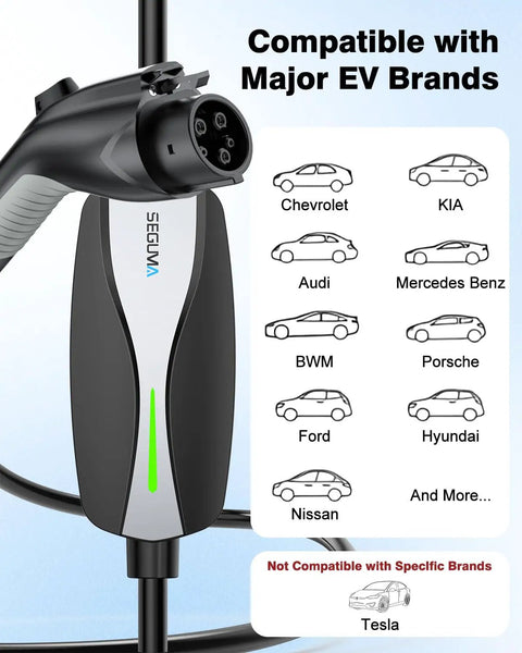 Portable Level 1 And Level 2 EV Charger With J1772 Home Connector, showing compatible EV brands including Chevrolet, Audi, and Ford.