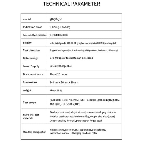 Leeb Hardness Tester With D Type Impact Device For Metal And Steel OLED Color Display 6 In 1 Scales HL HV HB HRC HRB HRA HS Rechargeable Lithium Battery 170 To 960 HLD, technical parameters sheet