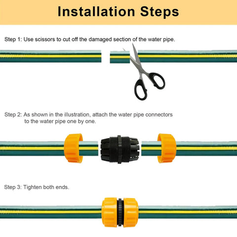 No-Fuss Garden Hose Repair Kit For Five Eighths And Three Quarters Inch Hoses - Installation Steps with Scissors and Fittings