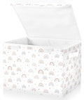 Heavy Hitter Collapsible Storage Bin With Secure Flip Top Lid And Reinforced Carry Handles For Bedroom Walk In Closet Living Room And Home Office Quick Setup No Sweat Compact Fold Toy Box Organizer with rainbow pattern.