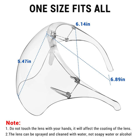 4 Pack Clear Face Shields With Glasses Anti Fog Full Face Protection Plastic Shield Reusable Droplet Guard For Women Men Kids 180 Degree Coverage And HD Vision Shield For Everyday Safety shown with dimensions