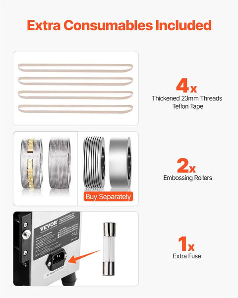Extra consumables for Heavy Duty Continuous Horizontal Bag Sealer Machine: Teflon tape, embossing rollers, and extra fuse.