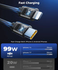 Retractable Car Charger 99W Dual Extendable Cables USB C Fast Charge For iPhone 17 16 15 14 13 12 And Samsung, charging diagram