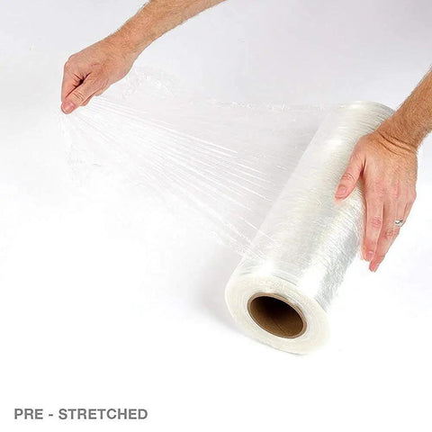 Pro Grade Cast Stretch Wrap Four Pack 14.5 x 1450 Feet Heavy Duty Industrial Shrink Film being applied by hand.