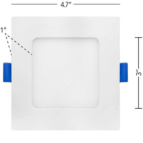 Square Ultra Thin Canless 4 Inch Recessed LED Downlights with dimensions, 12 Pack, 750 Lumen, 5 CCT Switchable, J Box Included