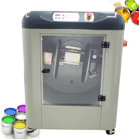 Automatic Paint Shaker Mixer 110V Rotary With Auto Clamping 750W Motor 0.5L To 20L Capacity 360 Degree Rotating Platform For Resin Glue Ink Epoxy Mixing Workhorse Performance front view with paint cans