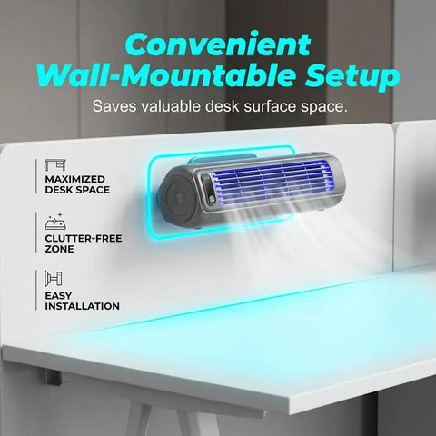 Compact USB Powered Air Cooler For Bedroom And Office With 3 Speed Settings Icy And Extra Cold Modes on wall mountable setup