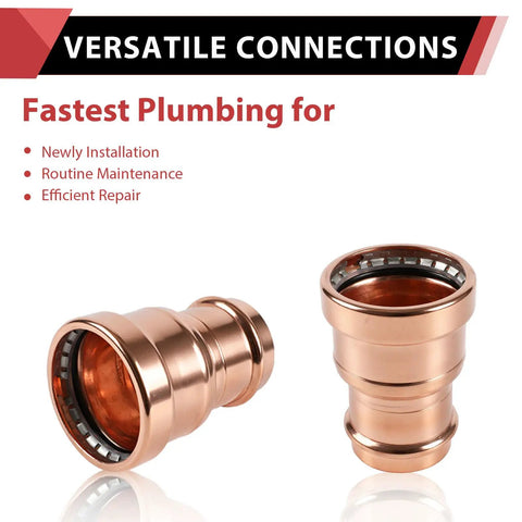 Straight Up Pro Grade Copper Press Coupling Reducer 5 Pack Fits 4 To 2 Inch Pipe Press Fit Plumbing Connector shown in close-up.