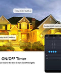 Smart Outdoor Motion Security Light 30W With WiFi App Control illuminating house with timer settings in app display