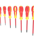 Insulated 7 Piece Screwdriver Set With Ergonomic Non Slip Handles And Magnetic Tips For Electricians Easy Grip And Fatigue Reduction Chrome Steel Shafts For Reliable Electrical Repair And Maintenance, seven red and yellow insulated screwdrivers
