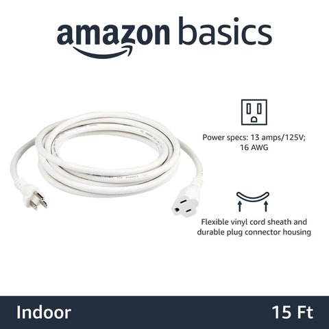 Indoor 15 Foot 3 Prong Extension Cord 125V 13A White 2 Pack With 16 AWG Plug And Play Power Cable Coiled