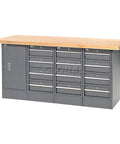 Badass Industrial Workbench With Maple Square Edge Top Featuring Twelve Deep Drawers And One Sturdy Cabinet For Heavy Duty Workshop Tool Storage And Business Maintenance In Seventy Two Inch Gray Style, front view.