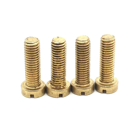 Slick Top Shelf Heavy Duty Brass Slotted Cheese Head Machine Screws Din 84 Gb 65 showing four brass bolts with a slotted head.
