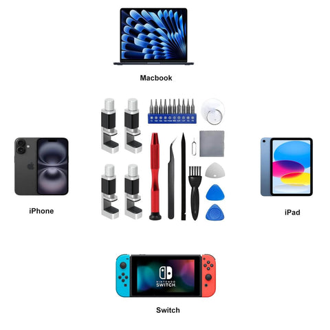 4 Pack Adjustable Screen Repair Clamp Kit For Phones And Tablets Includes Screen Fastening Clips And Screwdriver Tools Fits iPhone iPad Samsung And More Durably DIY Friendly Pro Grade Fixture For Precise Rear Glass And LCD Screen Work displayed with various devices