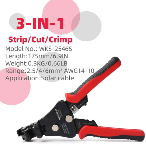 All In One 3 In 1 Adjustable Wire Stripper Tool With Automatic Solar Cable Stripper And Cutter shown with red handles