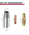 Pro Grade MIG Welding Gun Accessory Kit sizes for 53mm nozzle, 25mm tip, and 41mm diffuser for MB15 15AK