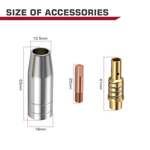 Pro Grade MIG Welding Gun Accessory Kit sizes for 53mm nozzle, 25mm tip, and 41mm diffuser for MB15 15AK