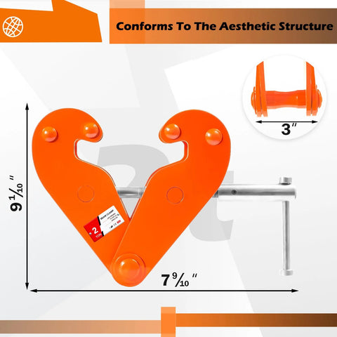 Orange vertical beam clamp for steel beams, 2-ton (4400 lb) capacity, fits 3-9 in opening.