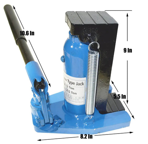 Beefy Hydraulic Bottle Jack With Pump Handle And Alloy Steel Lift Five Ton Top Capacity And Two Point Five Ton Toe Support