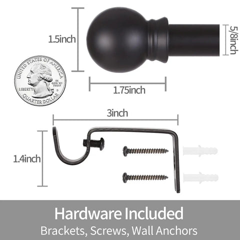 Five Eighth Inch Matte Black Heavy Duty Stainless Steel Curtain Rods You Can Extend From 48 To 92 Inches hardware kit with dimensions