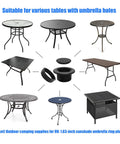 Various patio tables with 1.63 Inch ABS umbrella hole plug cover with removable cap and threaded insert shown in center.