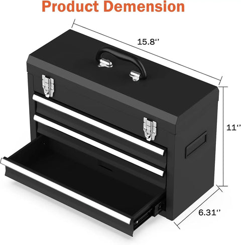 Beefy Heavy Duty 3 Drawer Metal Toolbox With Top Storage Tray And Carrying Handle Portable Steel Tool Chest Black