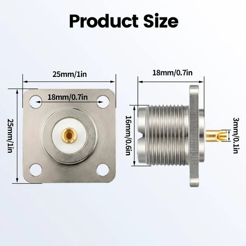 UHF Female Chassis Mount Connector Kit 5 Pack 4 Hole Flange Panel Mount With Solder Cup For PL259 Male Plug size dimensions