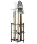 Beast Mode Garden Tool Organizer Rack With 35 Slots Heavy Duty Steel Rolling Storage Rack holding shovels and rakes