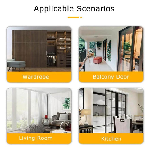 Concealed track sliding door kit scenarios: wardrobe, balcony door, living room, kitchen with smooth operation and stylish design.
