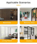 Various interior scenarios showing Concealed Track Barn Door Kit With Silent Aluminum Rail And Stainless Steel Rollers For Indoor Or Exterior Use, Heavy Duty Smooth Glide Sliding System With Hidden Mounting For Bedroom, Living Room, Closet, Or Home Office applications.