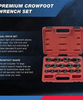 Badass Crowfoot Wrench Set With 1/2 And 3/8 Inch Drives, 15 Piece Metric Flare Nut Wrenches From 8Mm To 24Mm, displayed in a red case.