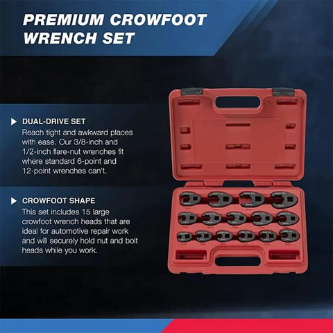 Badass Crowfoot Wrench Set With 1/2 And 3/8 Inch Drives, 15 Piece Metric Flare Nut Wrenches From 8Mm To 24Mm, displayed in a red case.