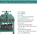 Workbench Beast 1500W Electric Pipe Bender Features Powerful All Copper Motor Includes Nine Round Dies Plus Eight Square Options To Form Stainless And Mild Steel Tubing Without A Sweat 110V parameters displayed on electric pipe bending machine.