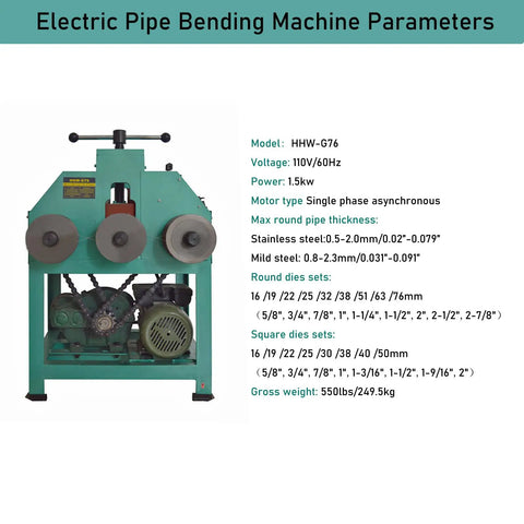 Workbench Beast 1500W Electric Pipe Bender Features Powerful All Copper Motor Includes Nine Round Dies Plus Eight Square Options To Form Stainless And Mild Steel Tubing Without A Sweat 110V parameters displayed on electric pipe bending machine.