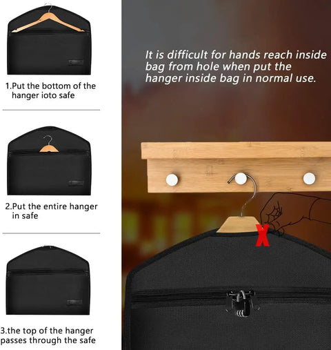 Fireproof Hanger Diversion Safe Bag With Lock Hidden Valuables Concealed Under Clothes With Compartment To Hide Money Jewelry Passports For Home Or Travel Safe 2 Pack showing hanger insertion instructions.