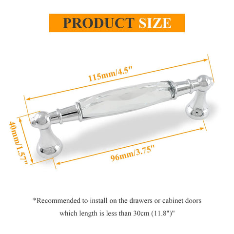 Crystal Cabinet Pulls Four Pack 4.5 Inch Overall Length With 3.75 Inch Hole Spacing Diameter 0.7 Inch Chrome Silver Glass Bar Drawer Pulls size diagram