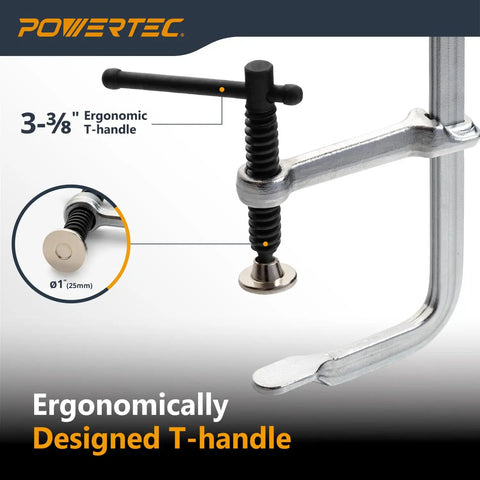 Beefy Heavy Duty 6 Inch F Style Bar Clamps 480 Lb Clamping Force 3 And 1 Eighth Inch Throat Built For Woodworking Cabinetry Welding And Workshop Projects 2 Pack, T-handle close-up
