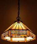 Lit Tiffany Style Pendant Light Hardwired Yellow Hexagon Stained Glass 12 Inch Mission Hanging Lamp S011 Series
